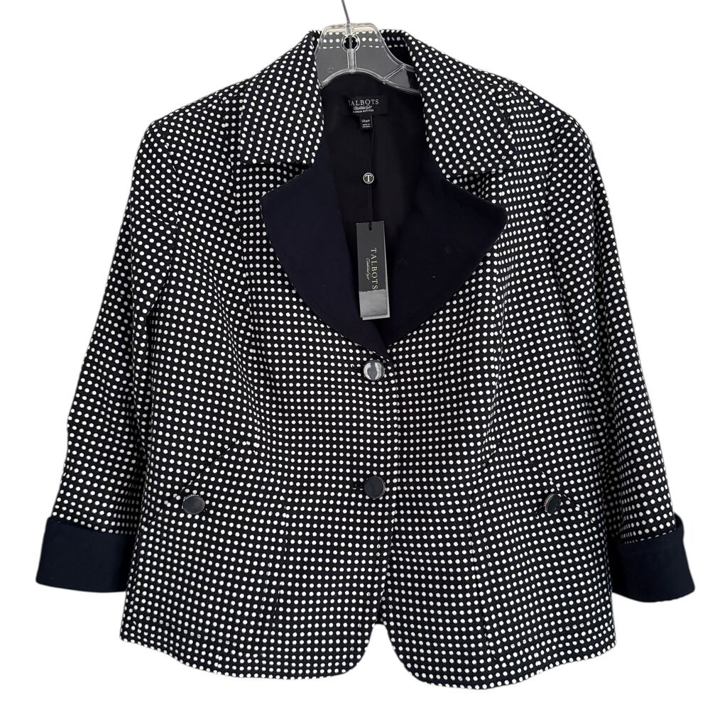 Talbots Grace Fit Navy Polka Dot Textured Knit Blazer Contrast Lapel NWT 14WP